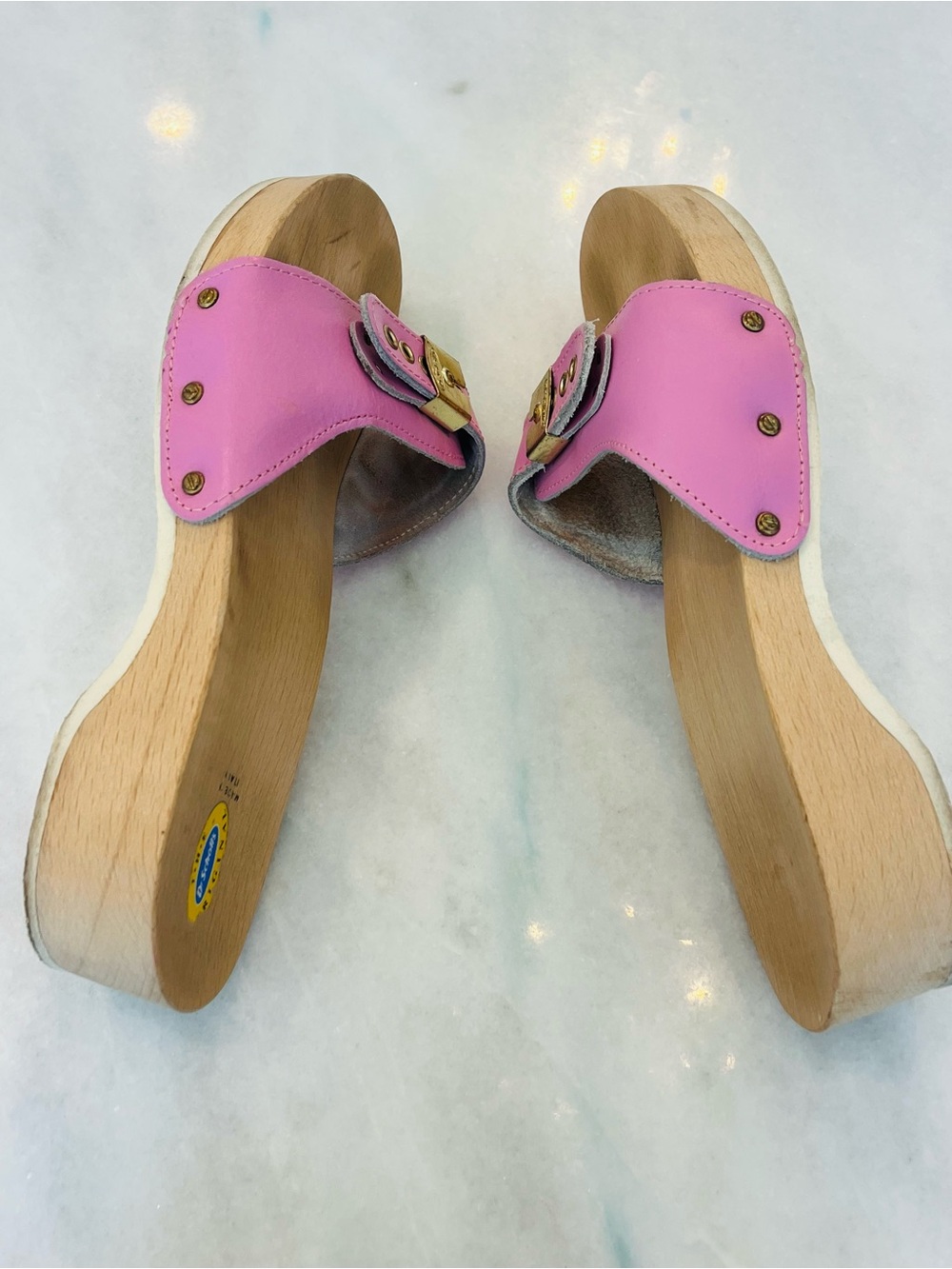 Vintage Dr. Scholl's Original Wood Exercise Pink Leather Slide Sandals Size 8 - Picture 6 of 8